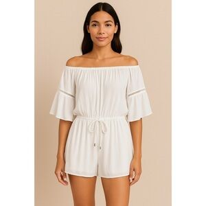 NWT MICHAEL Michael Kors Off-Shoulder Flowy White Cinch Waist Romper
